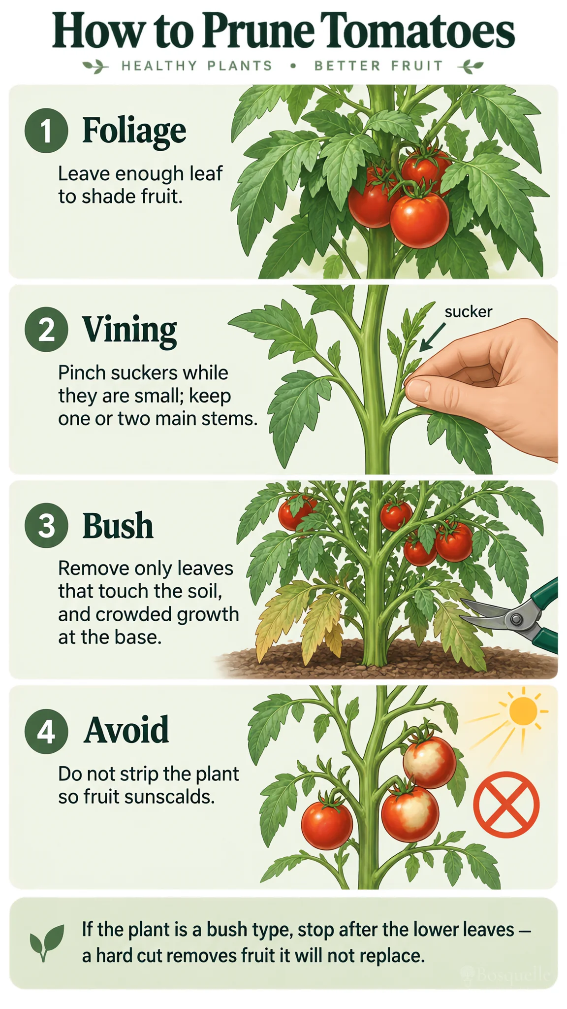 How to Prune Tomatoes care summary diagram