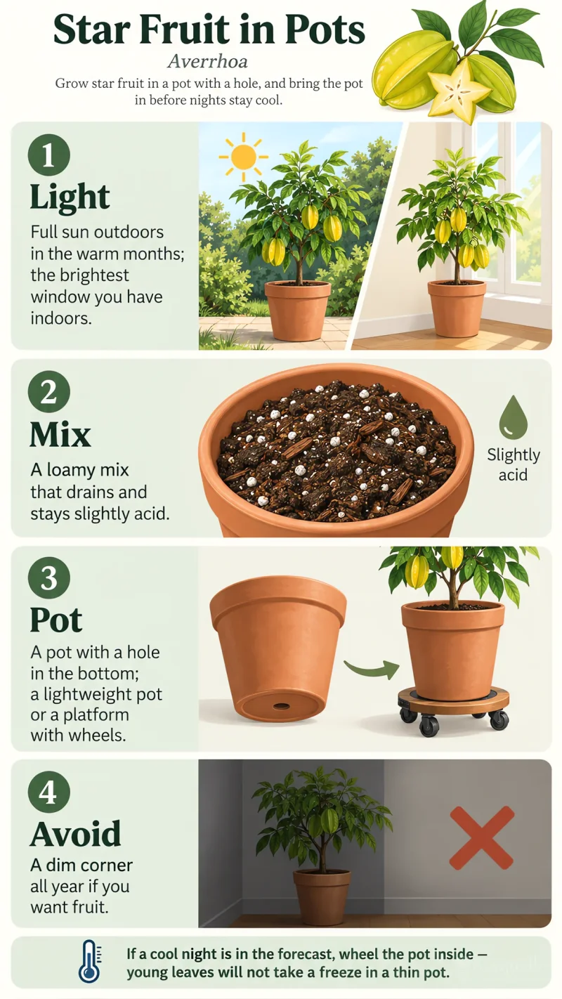 Star Fruit in Pots care summary diagram