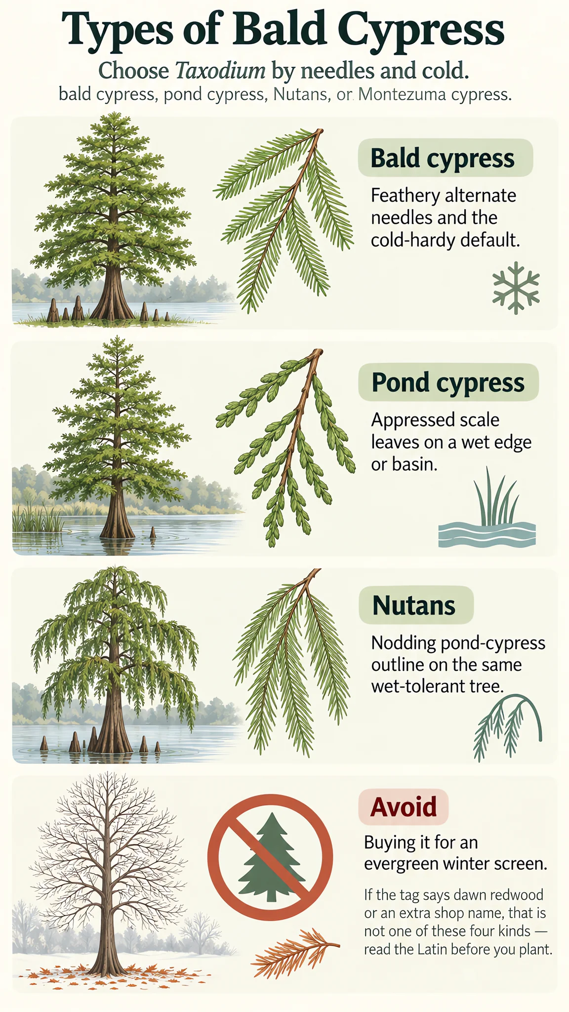 Types of Bald Cypress care summary diagram