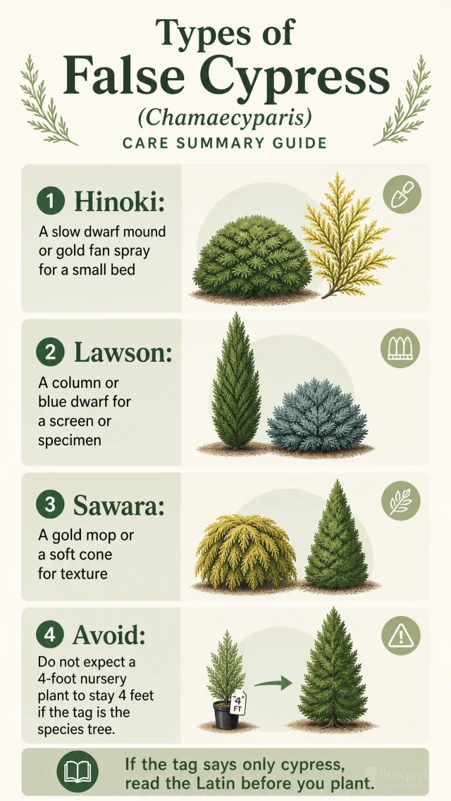 Types of False Cypress care summary diagram