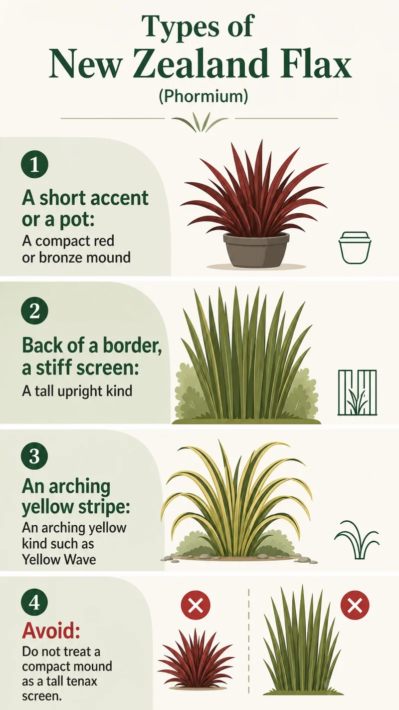 Types of New Zealand Flax care summary diagram