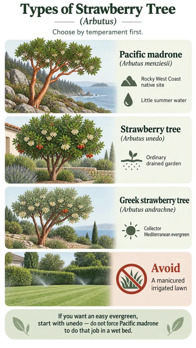 Types of Strawberry Tree care summary diagram