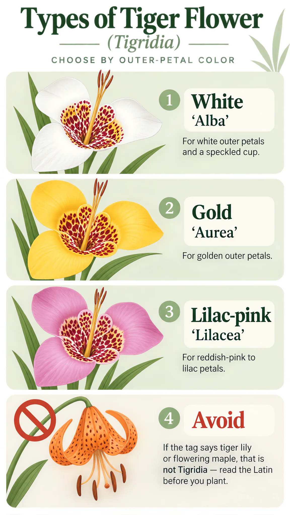 Types of Tiger Flower care summary diagram